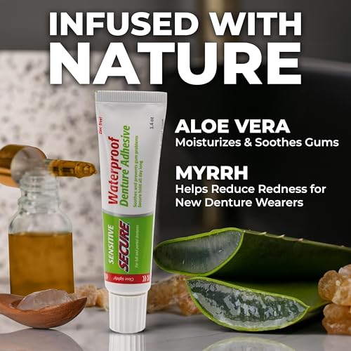 Secure Sensitive Gums Waterproof Denture Adhesive Zinc Free with Aloe Vera & Myrrh - Extra Strong 12 Hour Hold - 1.4 oz