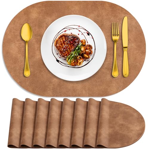 ADRIMER Placemats, Heat Resistant Oval Placemats Set of 8 Washable 12 x 17 Inch, Waterproof Table Mats, Wipeable Pu Place Mats for Kitchen, Dining Room, Sandy Light Brown