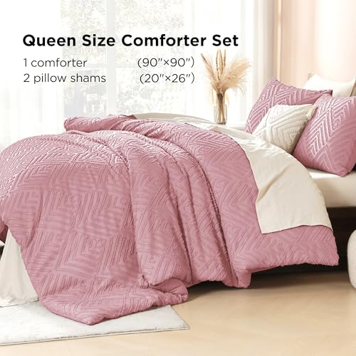 Image of Litanika Grayish Pink Queen Comforter Set, 3 Pieces Tufted Boho Farmhouse Bedding Comforter Sets, Lightweight Fluffy Comforter Bed Set for All Season (90x90In Comforter and 2 Pillowcases)