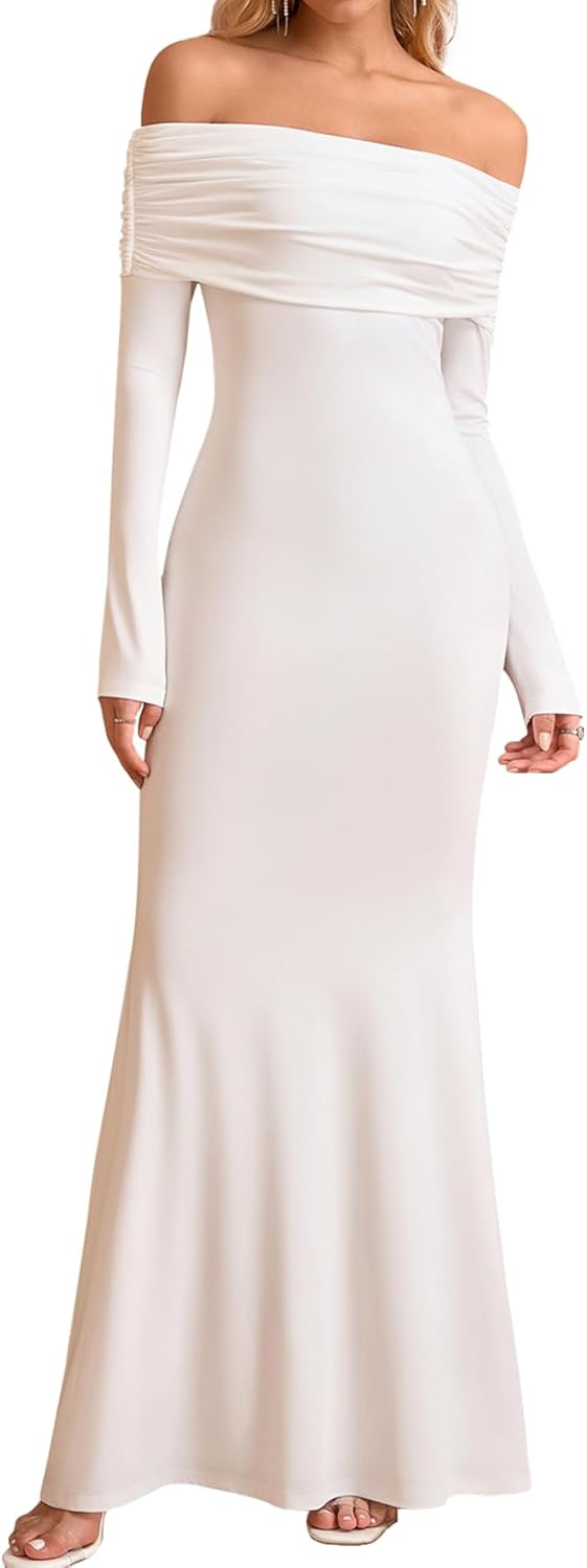 KUTUMAI Elegant Off Shoulder Long Sleeve Maxi Dresses for Women Fall Bodycon Fishtail Formal Wedding Guest Dress