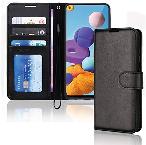 TECHGEAR Galaxy A21s Leather Wallet Case, Flip Protective Case Cover with Wallet Card Holder, Stand and Wrist Strap - Black PU Leather with Magnetic Closure Designed For Samsung Galaxy A21s