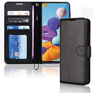 TECHGEAR Galaxy A21s Leather Wallet Case, Flip Protective Case Cover with Wallet Card Holder, Stand and Wrist Strap - Black PU Leather with Magnetic Closure Designed For Samsung Galaxy A21s