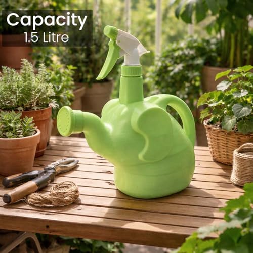 Image of Go Hooked Elephant Shape 2-in-1 Plant Watering Can with Spray Bottle 1.5L | Plastic Garden Watering Pot with Long Spout & Handle | Indoor Plants, Balcony Gardening Water Sprayer (Multicolor)