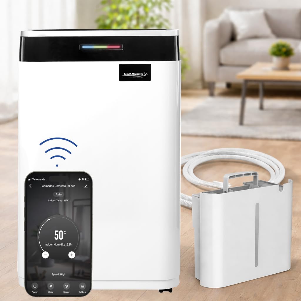 Comedes Demecto 30 eco WiFi – osuszacz powietrza budowlany (maks. 25 litrów / 24 h) nadaje się do wszystkich pomieszczeń i piwnic do 100 m²/230 m³, możliwość stosowania