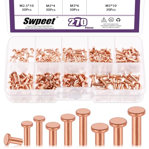 Swpeet 270pcs tête plate cuivre rivet solide métal attache Kit, cuivre rivet solide rivet attache pour applications électriques ceinture portefeuille collier cuir...