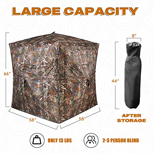 HUNT MONSTER Hunting Blind 2-3 Person with Tri-Leg Hunting Stool, 270 Degree See Through Pop up Ground Blinds for Deer Turkey Duck Hunting, Bow Hunting Accessories Adjust Windows with Silent Zipper