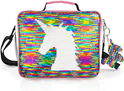 JYPS Insulated Unicorn Lunch Box for Kids, Flip Sequin Girls Tote Lunch Bags with Shoulder Strap, Handheld Reusable Lunch Box Bags Christmas Gifts for Girls at School