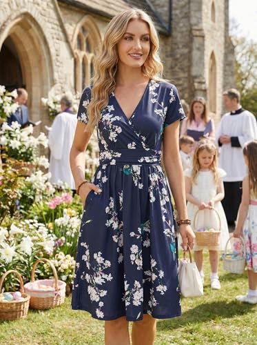 Image of OUGES Casual Summer Dress for Women Wrap V Neck A Line Midi Dresses with Pockets