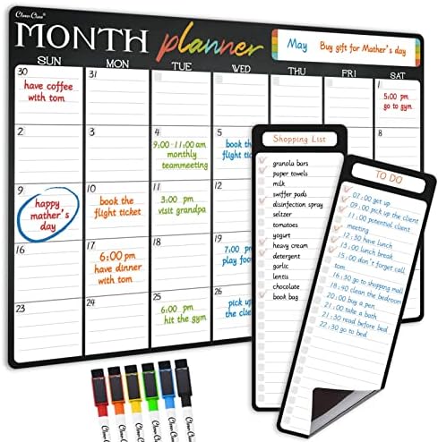 CLEVER CLEAN Magnetic Dry Erase Monthly Calendar - 17"x12" Monthly Calendar for Fridge - 4"x12" List Board 2 Pcs - 6 Extra Fine Point Markers Included - Shipped Flat