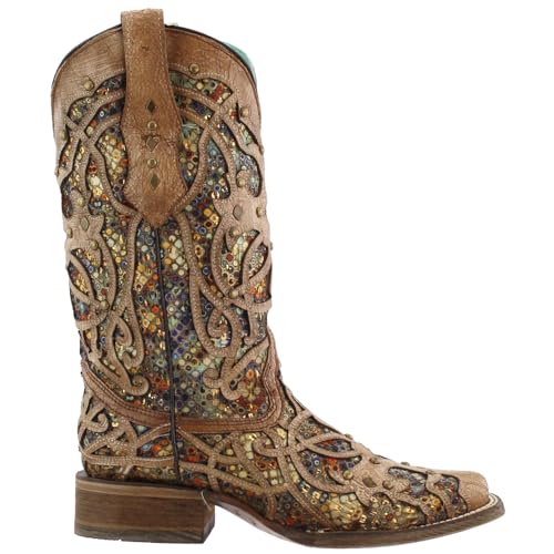 Corral Brown Bone Multicolor Inlay and Studs Square Toe Womens Boots C3405