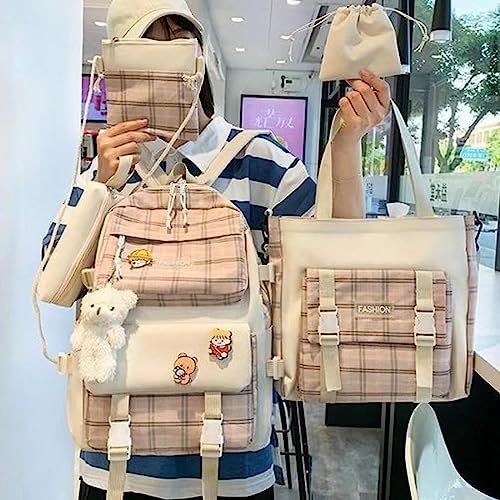 5 pcs Cute Backpack Set Aesthetic Backpack Japanese Kawaii Plaid Bag Preppy Accessories Fit 15.6" Laptop Casual Daypack (Pink,One Size)2