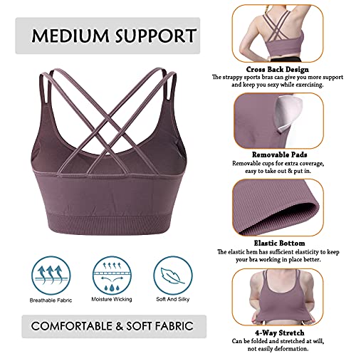 Image of WOYYHO Cross Back Sports Bra for Women Padded Medium Support Workout Bra | 3 Pack, Strappy, Removable Pads, Soft, Spaghetti Strap, Moisture-Wicking, Seamless, for Athletic Yoga Gym Fitness Daily