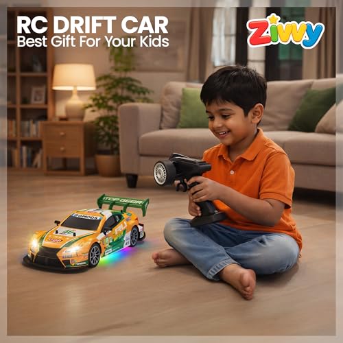 Image of Big Remote Control Car - Orange | 2.4G Rechargeable Drift Car with 100m Range | Smoke Effect, Neon Lights & Music | Best Gift for Boys & Girls 2 3 4 5 6 7 8+ Years