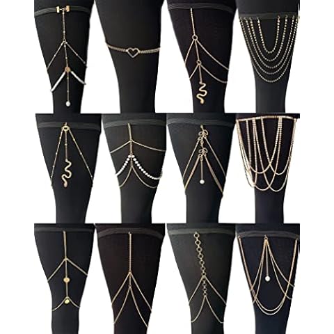 Tornito 12Pcs Thigh Chains Snake Heart Pearl CZ Leg Chain Boho Layered Body Chain Summer Beach Party Body Jewelry for Women Gold Tone Cover