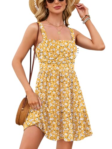 V FOR CITY Womens Spring Dresses with Built in Bra 2026 Square Neck Beach Dress with Pockets Casual Flare Sun Dresses L Yellow Floral