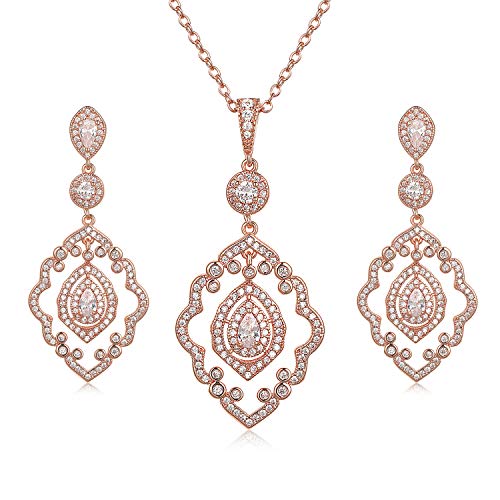 SWEETV Rose Gold Necklace and Earrings Set - Wedding Jewelry for Brides, Bridesmaids
