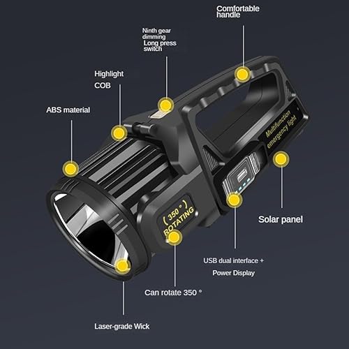 Miniatura 10 de Proyector de 1300000 lúmenes, linterna LED recargable con cabezal giratorio de 350, 9 modos de luces superbrillantes para exteriores, linterna solar