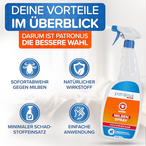 Patronus Milbenspray für Matratzen und Polster 1000 ml - speziell für Hausstaub-Allergiker - Milben-Spray mit Sofortschutz zur Abwehr gegen Hausstaubmilben, mit dezentem Eukalyptus-Zitrusduft