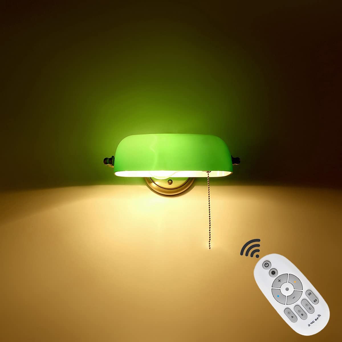 WXKAGF Lampa bankierska Kinkiet z zielonego szkła do wnętrz z pilotem Lampa bankierska do montażu na ścianie 3 Lampka nocna z funkcją ściemniania w temperaturze barwowej z regulowanym abażurem,