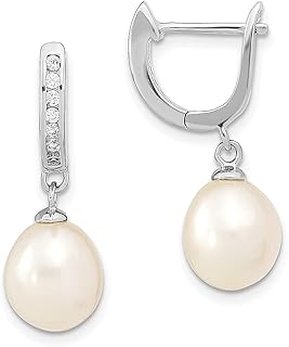 Prata esterlina 925 9 mm Arroz Cultivada em Água Doce Zircônia Cúbica Cz Drop Pendente Lustre Brincos de Argola Conjunto de Argolas de Orelha de Pedra Natural Shell Joias Finas para Mulheres Presentes Para Ela, Pérola, Zircônia cúbica Pérola
