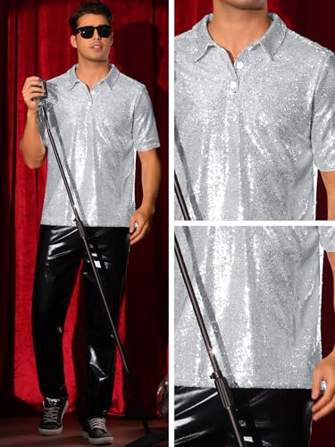 Lars Amadeus Sequin Shirts for Men's Sequin Short Sleeve Sparkle Prom 70s Disco Party Glitter Polo4