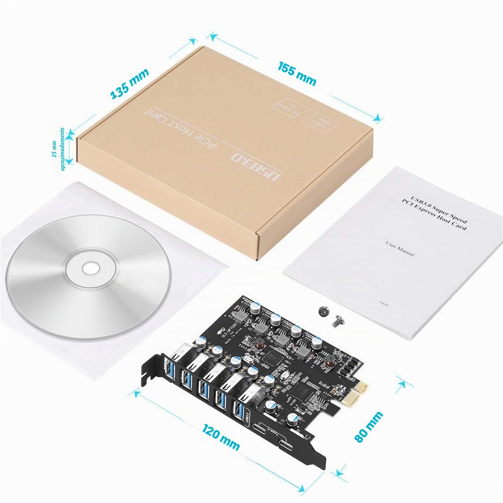 Tarjeta de Expansión 7 Puertos (2X Tipo-C, 5X Tipo-A) PCIe USB 3.0 (USB 3.2 Gen 1) 5 Gbps para PC de Sobremesa Compatible con Windows Mac