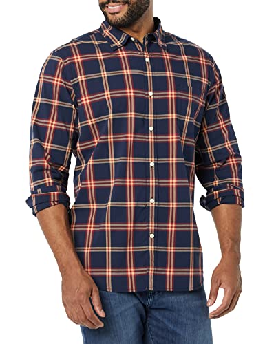 Amazon Essentials Men's Long-Sleeve Slim-Fit Stretch Poplin Shirt, Navy Red Plaid, Large
