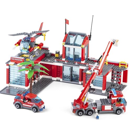 QLT QIAOLETONG City Fire Station Building Kit, 774 Pcs Building Set Including Fire Station, Fire Truck, Fire Helicopter,Fire Fighter, City Building Blocks STEM Toys Gift for Boys 6-10 Years Old.