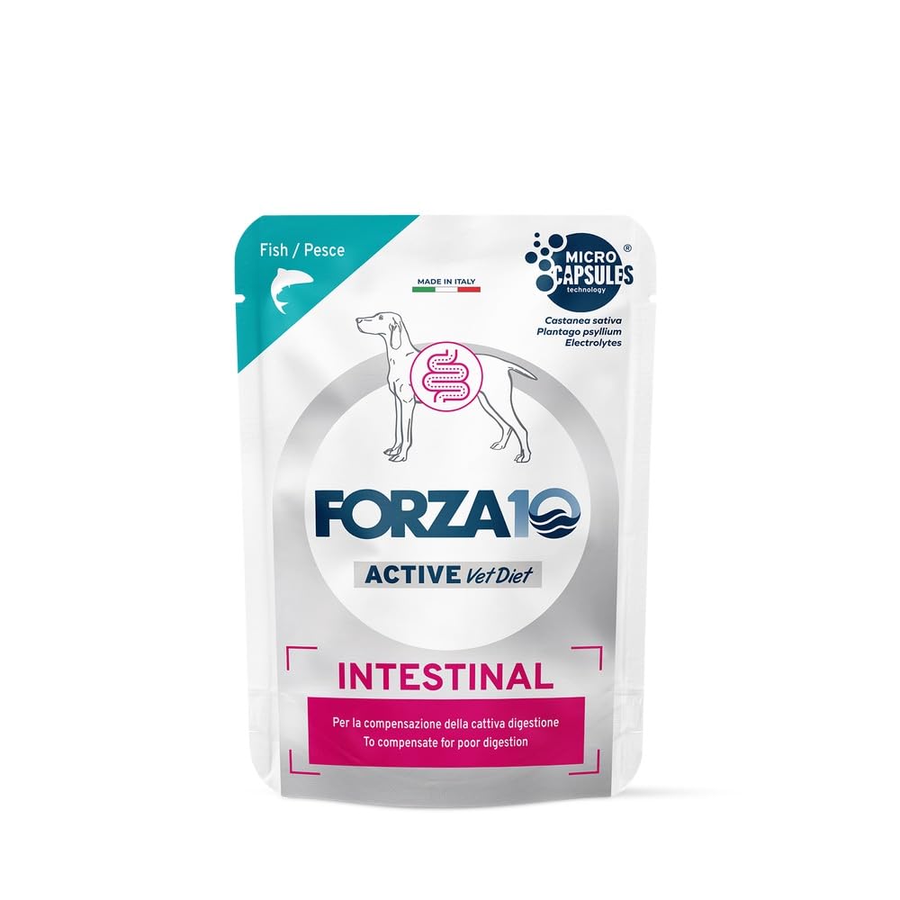FORZA 10 Cane Intestinal - Pesce | alimento umido dietetico completo per cani adulti, per la riduzione dei disturbi dell’assorbimento intestinale, 12 bustine da 100 grammi.