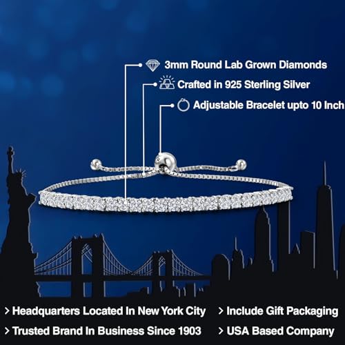 Gem Stone King 2.00 Cttw White Lab Grown Diamond Tennis Bracelet for Women | 925 Sterling Silver | Round 2.5MM | E-F Color | VVS-VS Clarity | Adjustable Bolo Bracelet | Fits Up To 9 Inch Wrist2