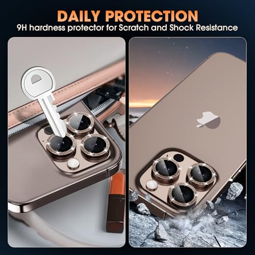 Image of for iPhone 16 Pro /16 Pro Max Camera Lens Protector Bling Individual Metal Glitter Ring 9H Hardness Scratchproof Protector, Stylish Phone Accessories, Case Friendly (Glitter Titanium Desert)