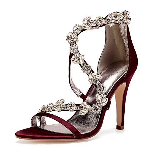 LLBubble Women High Heels Satin Crystals Wedding Bridal Sandals Open Toe Strappy Prom Evening Party Dress Shoes-Burgundy-8.5
