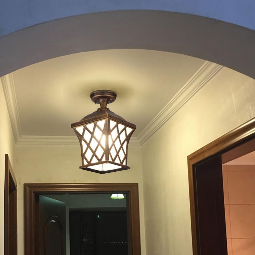 Vintage Semi Flush Mount Lantern Fixture with Frosted Glass Ceiling Lamp, E27 Sockets Outdoor Indoor Bronze Ceiling Light, for Porch, Entryway, Balcony, Hallway, Patio