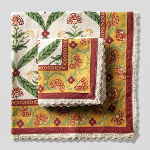 Image of FINGERCRAFT Floral Print Cloth Napkins Set of 12, 20x20 Inch, Cotton Linen Blend with Lace Edge, Block Print Table Napkins, Reusable Dinner Napkins for Dining, Parties & Festive Tables (Vintage Craft)