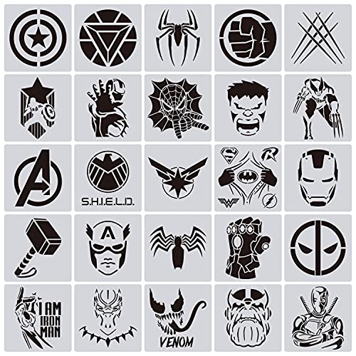 25 Pcs Superhero Stencils for Painting on Wood Canvas - Kids Drawing Painting Stencil Art Supplies Superhero Avatars and Logo Stencils for Home Decor & DIY Project