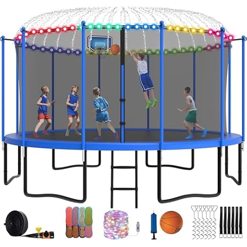 YORIN Tranpoline 10FT Tranpoline for Kids 800LBS Tranpoline with Basketball Hoop, Enclosure Net, Back Yard Outdoor Recreational Tranpolines with Light, Sprinkler, Socks Cover