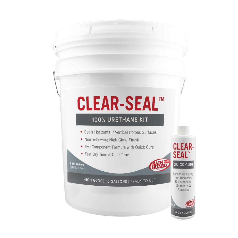Rain Guard Water Sealers CU-0313 Clear-Seal 100% Urethane 2-Part Gloss Coating Ready to USE Covering up to 1500 Sq. Ft on New and Older Surfaces. 5 Gallon Kit A and B, Non-Yellowing Gloss Finish