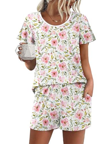 Image of Ekouaer Womens Pajama Set Summer Short Sleeve Pjs Sleepwear Cute 2 Piece Lounge Sets S-XXL