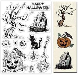 GLOBLELAND Halloween Clear Stamps Crow Broom Tombstone Pumpkin Silicone Clear Stamp Seals for Cards Making DIY Scrapbooking Photo Journal Album Decoration