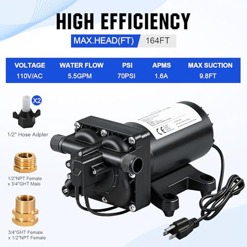Image of ECO-WORTHY 110V AC Fresh Transfer Diaphragm Water Pump On Demand 5.5GPM 70PSI High Pressure Water Booster Pump 110 Volt with Pressure Switch for Irrigation Garden Hose Sprinkler Home RV