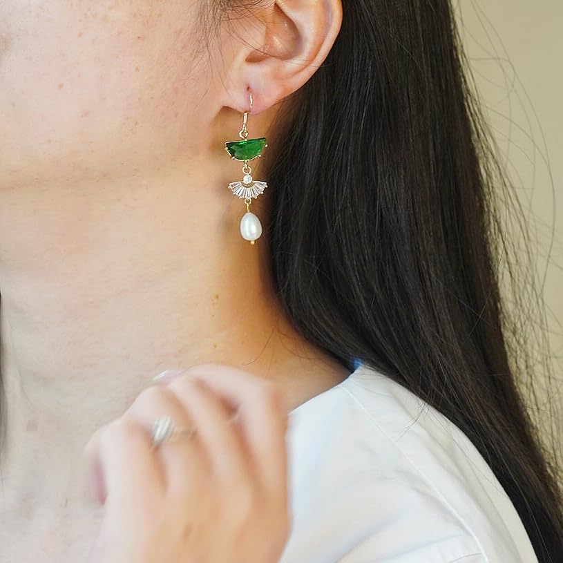 Miniatura 7 de Art Deco Earrings Emerald Green Drop Chandelier Jewelry for Women, 1920s Vintage Bridal & Wedding Statement Sterling Silver Earrings