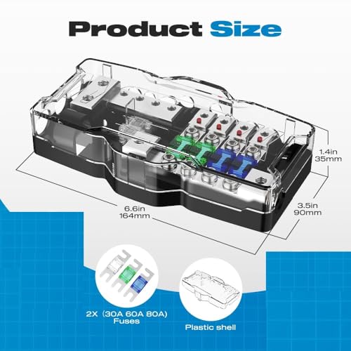 Image of KMH Universal Fuse Power Distribution Block with Ground | 4 Way AWG Gauge Audio Splitter with 60A Mini ANL Fuse Holder | Car Accessories High Strength Safe Audio Boat Auto Stereo Amplifier
