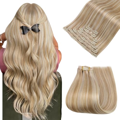 Image of Easyouth Clip in Hair Extensions Real Human Hair Highlights Remy Human Hair Clip in Extensions Honey Blonde Highlight Bleach Blonde Softness Clips on Hair Extension Human Hair 14 Inch 7Pcs 80G