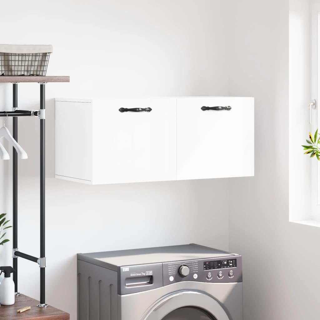 Armario de pared blanco brillante de 80x36.5x35 cm en madera de ingeniería para almacenaje