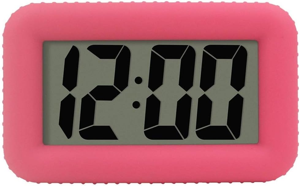 TXL Large Digital LCD Alarm Clock with Snooze, 5s Night Light/Smart Light Sensor Rolling Button, LCD Display Shockproof Silicone Protective Cover, Battery Operated for Office Bedside Desk Clock, Pink