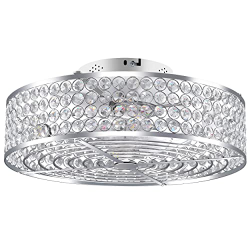 MSKVEY Crystal Caged Ceiling Fans with Light, 20" Bladeless Ceiling Fan with Remote Control, 6 Speed Low Profile Enclosed Ceiling Fan with Reversible Motor for Bedroom Kitchen Living Room