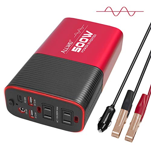 500W Pure Sine Wave Power Inverter DC 12V to AC 110V Car Inverter Power Adapter Converter with Type C PD18W/12V DC Output/4.8A Dual USB Charging Ports and 2 AC Outlets Car Charger
