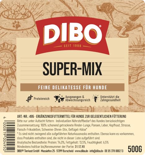 DIBO Super-Mix, 500g-Beutel, der kleine Naturkau-Snack oder Leckerli für Zwischendurch, Hundefutter, Qualitätskauartikel ohne Chemie, von allem etwas zum Probieren!