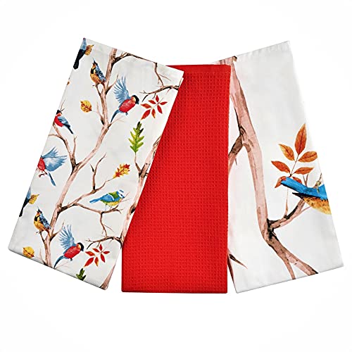 Lot de 3 torchons décoratifs 100 % coton Motif oiseaux printaniers Cover