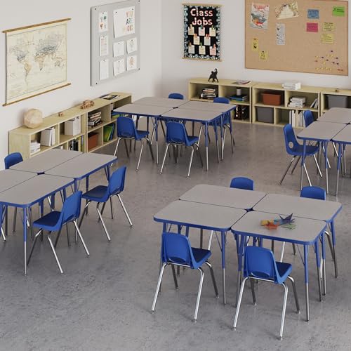 Image of FDP Rectangle Single Student Activity Table (30 x 18 inch), Standard Swivel Glide Legs, Adjustable Height 19-30 inches For Social Distance, Virtual In-Home, Classroom Learning - Gray Top /Blue Edge